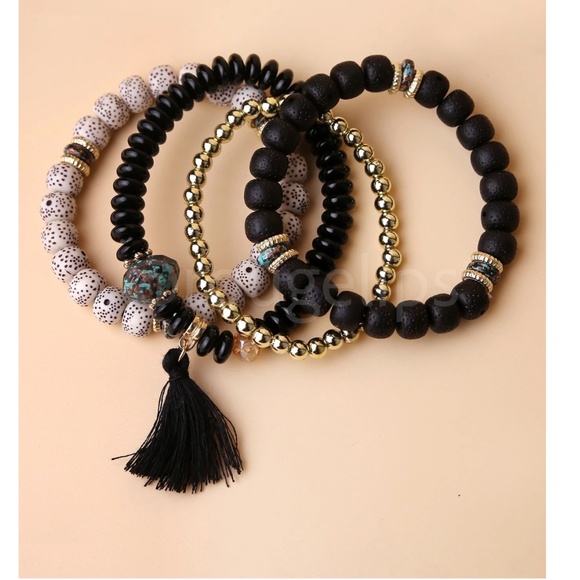 4 Pcs Multicolor Beaded Bracelet Tassel Charm Elastic Black, Beige, Gold - Picture 2 of 4